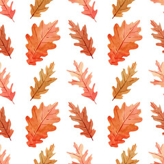 Seamless owl leaves pattern. Watercolor background with yellow, orange and brown oak leaf for fall decor and textile