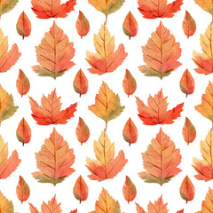 Seamless maple leaves pattern. Watercolor autumn background with red, brown, green, yellow fall leaves for thanksgiving day decor and textile
