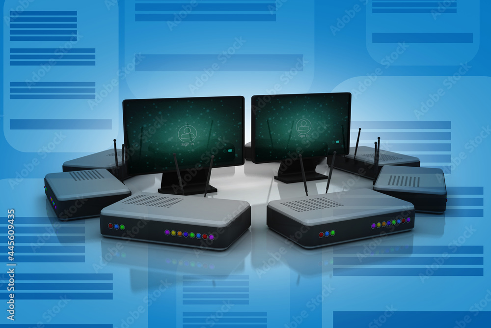 Poster 3d rendering transmitter mobile wifi with laptop