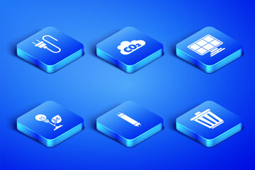 Set Trash can, Electric plug, Fluorescent lamp, Light bulb with leaf, CO2 emissions in cloud and Solar energy panel icon. Vector