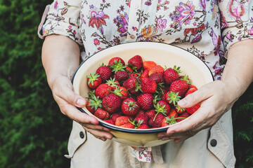 Woman holding a bowl of fresh ripe strawberries in her hands