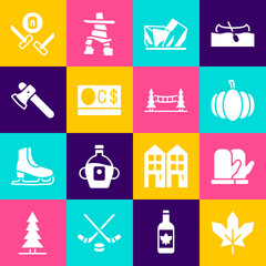 Set Canadian maple leaf, Christmas mitten, Pumpkin, Royal Ontario museum, dollar, Wooden axe, Curling sport game and Capilano Suspension Bridge icon. Vector