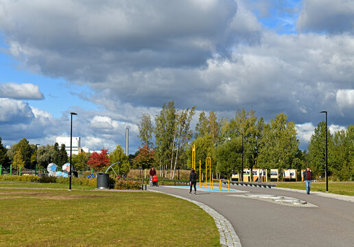 Karamzininkatu with Playground on sunny bright autumn day. Helsinki