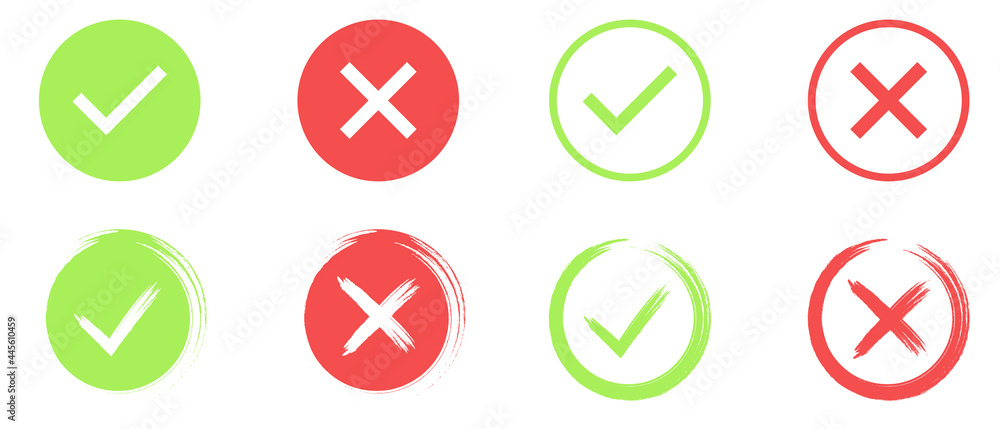 Poster set of green and red tick and cross. simple check marks icon. yes or no accept and decline symbol. b