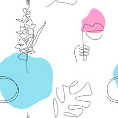 One line art style gladiolus flower seamless pattern. Abstract creative food in minimalism design. Hand drawn vector illustration.