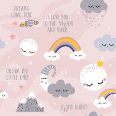 Clouds sky night scene pattern design for kids nursery - funny hand drawn doodle, seamless pattern. Moon, full moon, stars, princess, rainbow, clouds, rain, mountain, spaceship. Drream big little one.
