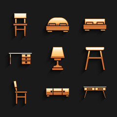 Set Table lamp, Chest of drawers, Office desk, Chair, Big bed and icon. Vector