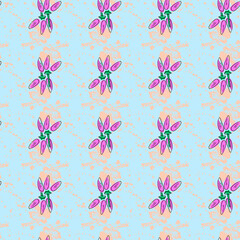 Vector seamless pattern with pink flowers on a blue background. Use in fabric, wrapping paper, wallpaper, bags, clothes, dishes, cases on smartphones and tablets.