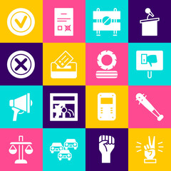 Set Hand showing two finger, Baseball bat with nails, Protest, Road barrier, Vote box, X Mark, Cross circle, Check mark round and Lying burning tires icon. Vector