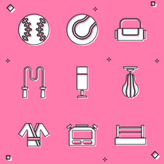 Set Baseball ball, Tennis, Sport bag, Jump rope, Punching, Japanese costume Kimono and Stopwatch icon. Vector