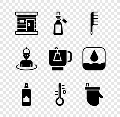 Set Sauna wooden bathhouse, Essential oil bottle, Hairbrush, Spray can for hairspray, thermometer, mittens, Man in sauna and Cup of tea with tea bag icon. Vector
