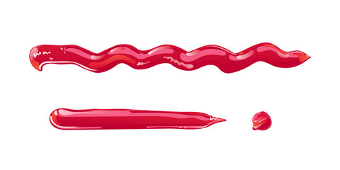Tomato ketchup stain zigzag line. Red food condiment. Vector elements in flat cartoon style.