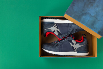 Pair of sneakers in a shop box on a green background. Space for text.