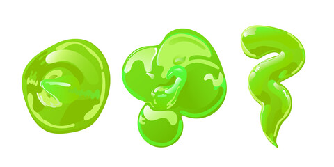 Green slime in lat cartoon style set. Toxic jelly splashes, drops or stains. Vector design for Halloween.