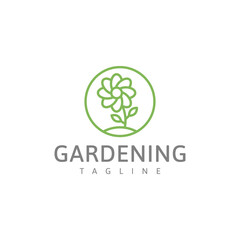 Gardening green logo, potted plant vector illustration