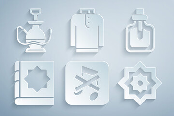 Set Speaker mute, Perfume, Holy book of Koran, Octagonal star, Shirt kurta and Hookah icon. Vector