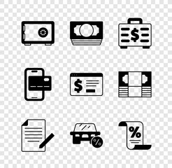 Set Safe, Stacks paper money cash, Briefcase and, Document pen, Car leasing percent, Finance document, Mobile banking and Online with dollar icon. Vector