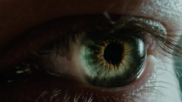Young person with green eye and small pupil stares in studio