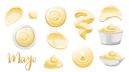 Mayonnaise in bowl, bottle, stains and splash set. Condiment white sauce icon set. Top and front view vector illustration. - obrazy, fototapety, plakaty