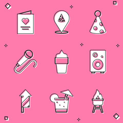 Set Postcard with heart, Slice of pizza, Party hat, Microphone, Ice cream in waffle cone, Stereo speaker, Firework rocket and Cocktail icon. Vector