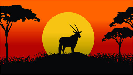Vector Landscape Illustration of Beautiful mountain landscape with Gemsbok, Africa tree, and forest. sunrise and sunset in mountains.