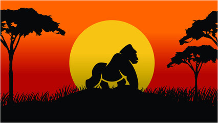 Vector Landscape Illustration of Beautiful mountain landscape with Gorilla, Africa tree, and forest. sunrise and sunset in mountains. © Ganteng