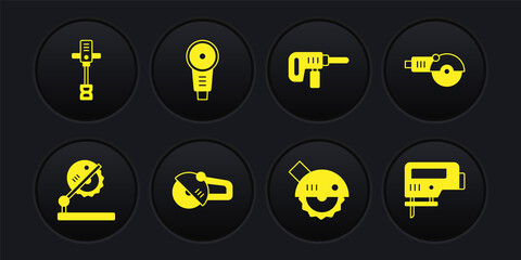 Set Table saw for woodwork, Angle grinder, Electric circular, drill machine, jigsaw and Electrical hand concrete mixer icon. Vector