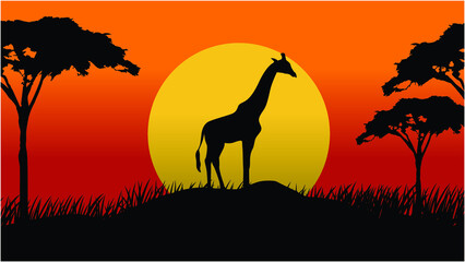 Vector Landscape Illustration of Beautiful mountain landscape with Giraffe, Africa tree, and forest. sunrise and sunset in mountains.