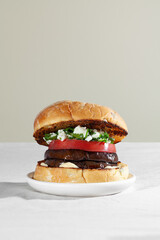 Vegan sandwich burger with roasted eggplant, feta cheese and cilantro. Plant based food concept