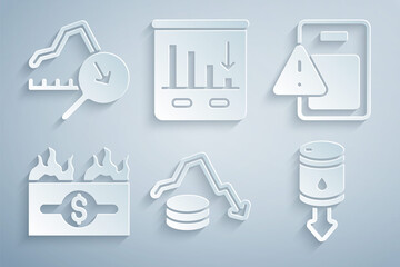 Set Dollar rate decrease, Global economic crisis, Burning dollar bill, Drop crude oil price, Pie chart infographic and icon. Vector