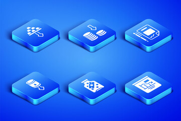 Set Pie chart infographic, Gold bars, Glass money jar with coin, Drop crude oil price, Dollar rate decrease and Contract and pen icon. Vector