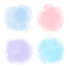 Hand drawn abstract pastel colors watercolor stains on white background. Blue, turquoise, pink, lilac round shape splashing spot set. Collection of paint brush strokes. Vector design elements isolated