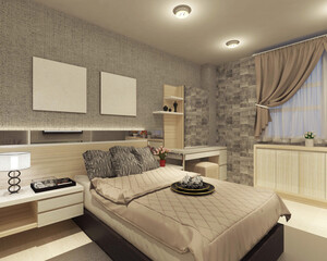 Interior bedroom design in retro style with wooden cabinet and comfortable bed