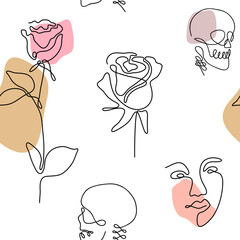 One line art style rose flowers and faces seamless pattern. Abstract creative food in minimalism design. Hand drawn vector illustration.