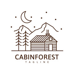 Cabin in the forest illustration monoline or line art style, cabin, tree, mountain, moon, forest vector design