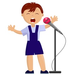 Boy sings a song into a microphone on a white background. Children's music festival.