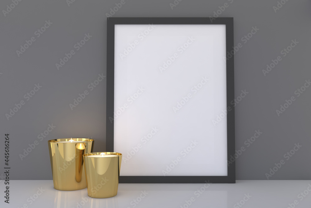 Poster frame with a blank canvas and lit candles