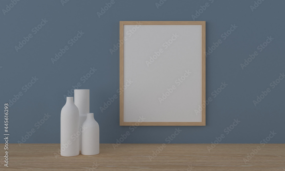 Poster frame with a blank canvas and vases