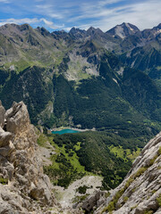Views from Peña Foratata the most iconic peak in the upper Tena Valley, in the background El Infierno peak (3.083 m) and  A Sarra lake, Sallent de Gallego; Pyrenees; Huesca; Spain