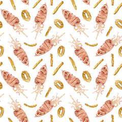 Fried squid and potatoes watercolor seamless pattern
