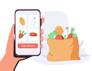 Online grocery shopping. elivery service. Online ordering of food, grocery delivery, e-commerce. Vector Illustrations