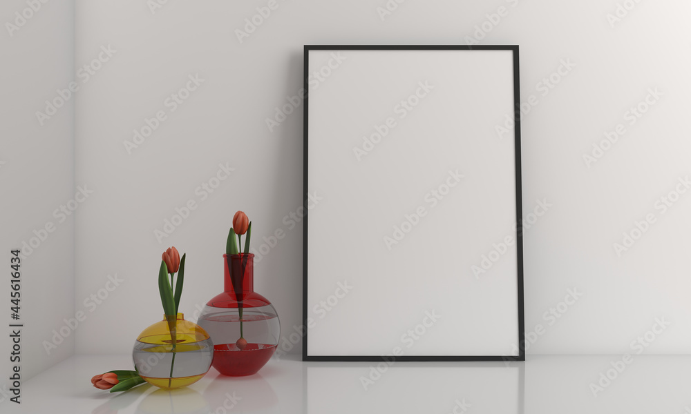 Poster frame with a blank canvas and flowers in vases