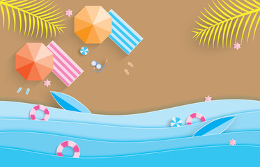 Top view on beach background with umbrellas balls surfboards flip flops juice aerial view of summer beach paper cut style vector