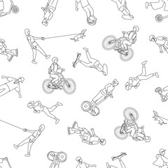 Seamless vector pattern of the outdoor activities in line style on the white background.People running,walking dog,roller skating,skateboarding,bicycling, using electric scooter, monocycle,hoverboard.