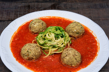 Brazilian meal of low carb food, healthy food of pasta with meatballs