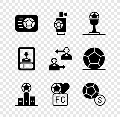 Set Soccer football ball, Air horn, Award cup and, over sports winner podium, Fan club, Football soccer card and Substitution player icon. Vector