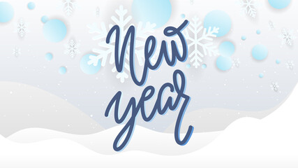 New Year handwritten calligraphy with snowflakes and White circle on blue background , Illustration Vector EPS 10