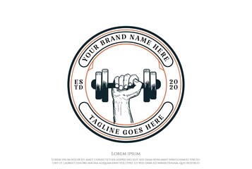 Vintage Retro Muscular Hand Hold Dumbbell for Gym Fitness Sport Club Logo Design Vector