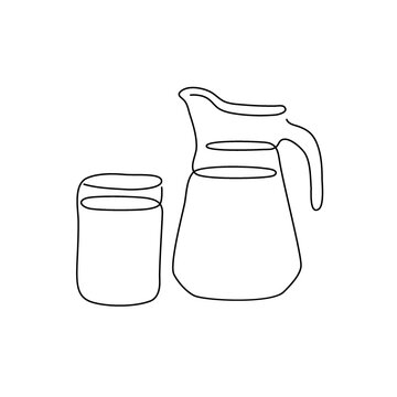 Pitcher with a glass of milk continuous line drawing. One line art of dairy produce, milk products, milk, kefir, fermented baked milk, ayran, glass, jug.
