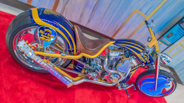 Hollywood, Florida. June 29, 2021. Colorful vintage moto in Hard Rock Hotel & Casino